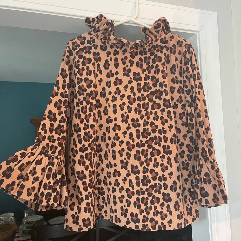 Elizabeth Wilson Top Leopard Print Corduroy High Ruffle Neckline Flare Sleeve